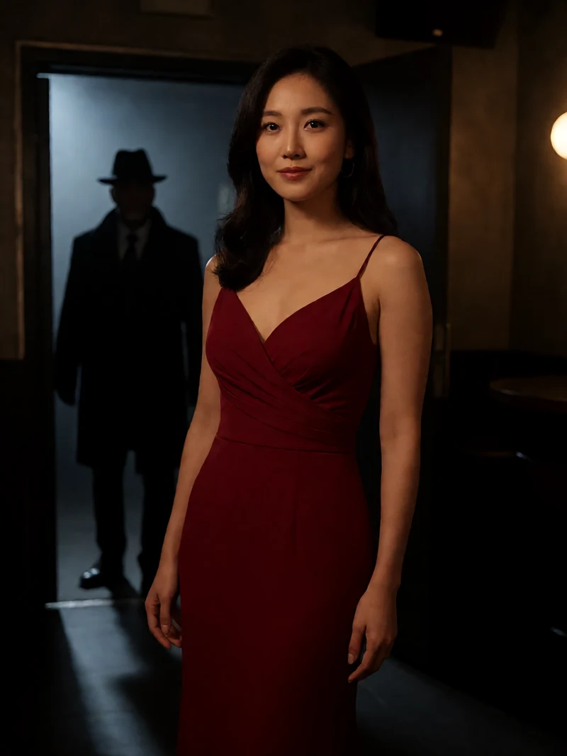 原创电影主题画面:成年女歌手站在暗红色爵士酒吧,远处有一名侦探身影