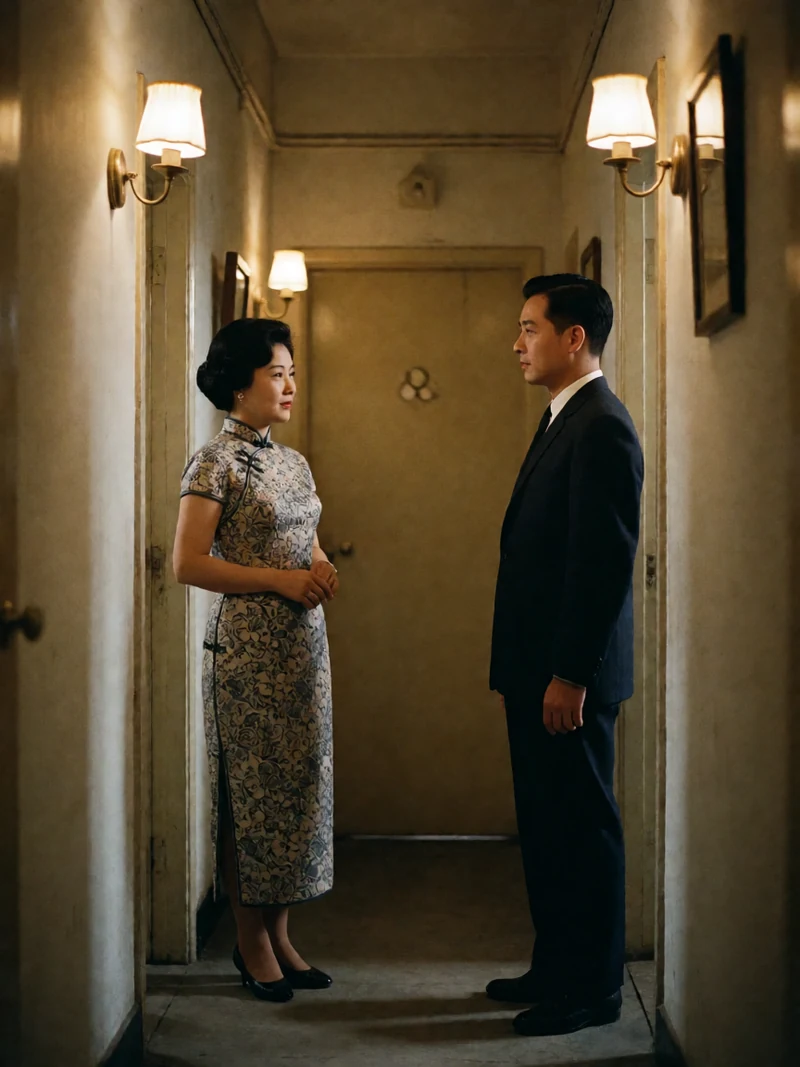 原创电影主题画面:1960年代香港走廊里,两名成年邻居隔着门框对望